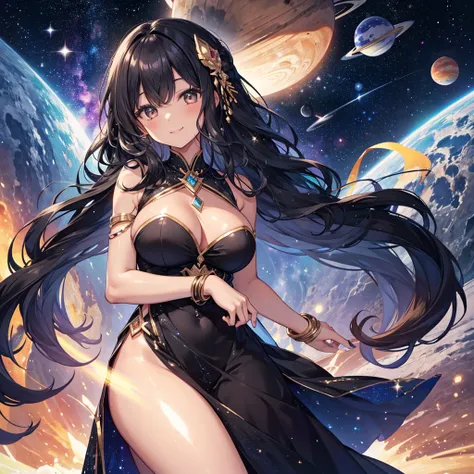 Woman with very long wavy big breast and black hair tan skin wearing a beautiful  glitter dress and smiling up. Little, surrounded by outerspace, planets, and galaxies