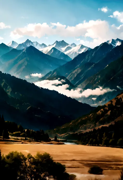 landscape with mountains, arroyo, Pins.clouds and a river