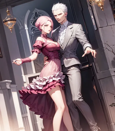 Vergil from Devil may cry Wearing a pink  Lacy skirt and high heels Passionate