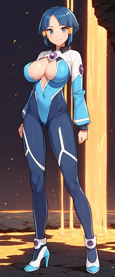 best quality,ultra detailed,solo,score_9, score_8_up, score_7_up, score_6_up, score_5_up, score_4_up, source_anime, 1girl, clara, blue hair, hair tubes, grey eyes, bodysuit,big breasts, standing sexy pose, (front view,portrait),full body, standing on lava,...