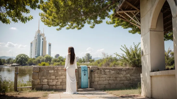 in front of a water well, woman long hair, out of this world landscape white ivory towers cxom gold