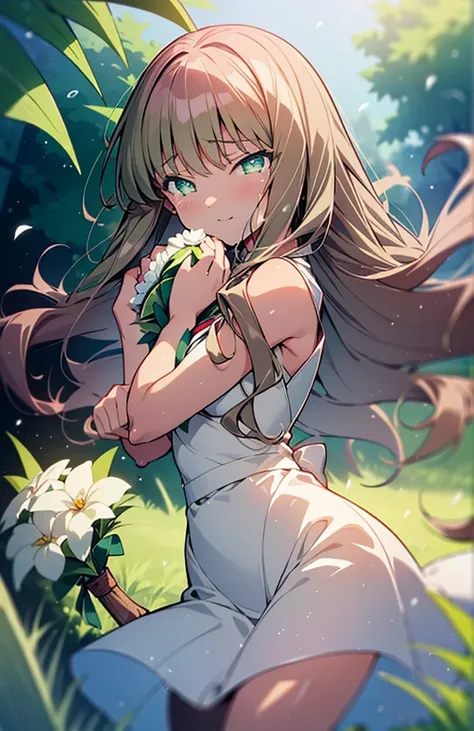 minami yume ,sss Dynazenon ,Long Hair, Brown Hair, (Green Eyes:1.5) ,smile,Wedding dress,Wedding Skirts,holding a large bouquet of flowers in both hands,Tears stream down her face,Tears of joy,I cry a lot,Stand Glass,
break outdoors, Association,Chapel,
br...