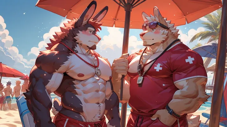 male, anthro, muscle, (kemono), (rabbit), pink body, blush, red swimwear, lifeguard, sunglasses, beach, red mane, long rabbit ears, by bara, detailed background, light particles, hi res, bara, nsfw