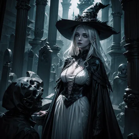 A mysterious and dark witch as she evokes ethereal and floating transparent white female and male souls that emerge from a gothic style tombstone, the atmosphere is sinister and terrifying