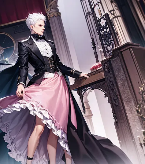 Vergil from Devil may cry Wearing a pink  Lacy skirt and high heels Passionate