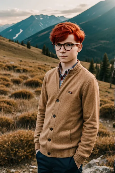 A boy stand in mountains with red hair and glasses 
