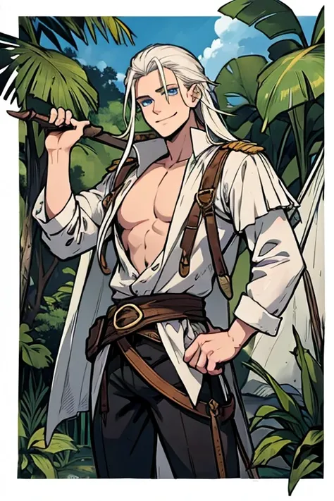 A young white haired man with blue eyes and long hair in a pirates outfit is exploring a jungle with a big smile