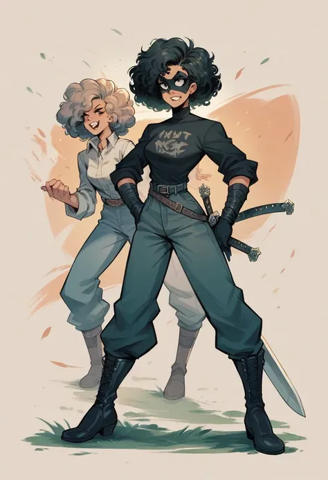 A woman of 1,68 years old with two swords at his waist, curly hair and a black cat mask covering her face, not the hair. I want the character with pants and boots, in addition to the two swords, I want pistols more days.