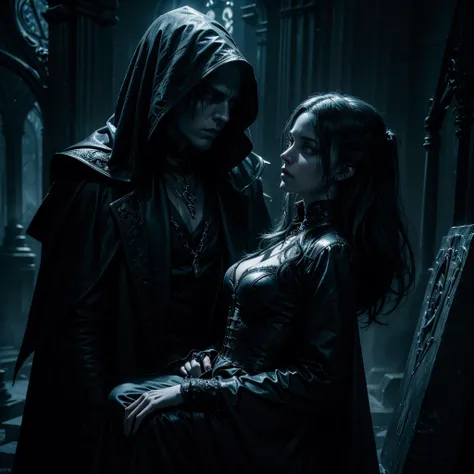 a mysterious and dark witch, ethereal and floating transparent white female and male souls, emerging from a gothic style tombstone, sinister and terrifying atmosphere, detailed and hyper-realistic, chiaroscuro lighting, dark moody colors, dramatic camera a...