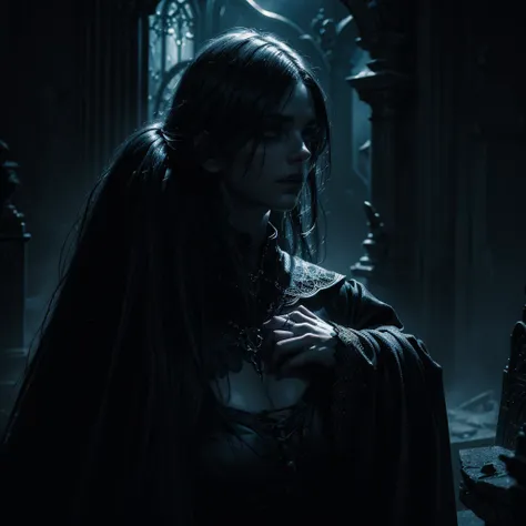 a mysterious and dark witch, ethereal and floating transparent white female and male souls, emerging from a gothic style tombstone, sinister and terrifying atmosphere, detailed and hyper-realistic, chiaroscuro lighting, dark moody colors, dramatic camera a...