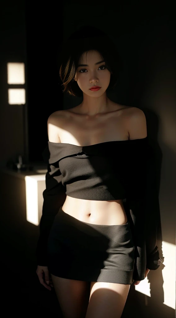 Best quality, masterpiece, ultra high res, (photorealistic:1.5), raw photo, 1girl, offshoulder, in the dark, deep shadow, low key, cold light, sexy look, short hair，miniskirts