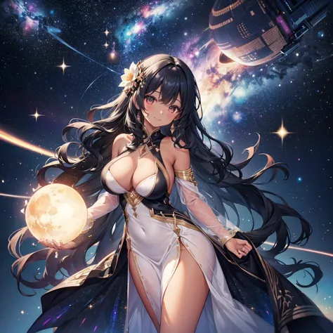 Woman with very long wavy big breast that are hidden and black hair tan skin wearing a beautiful  glitter dress and smiling up. Little, surrounded by outerspace, planets, and galaxies