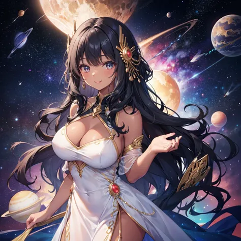 Woman with very long wavy big breast that are hidden and black hair tan skin wearing a beautiful  glitter dress and smiling up. Little, surrounded by outerspace, planets, and galaxies