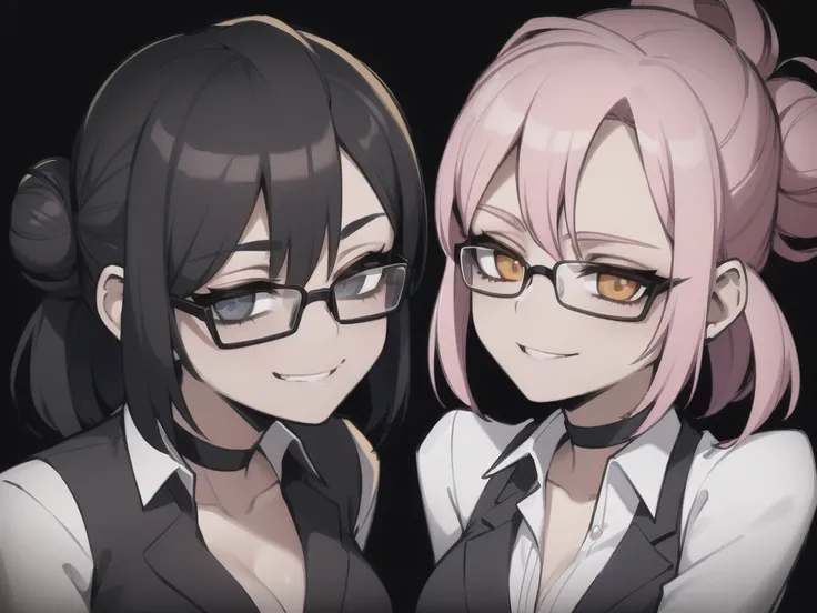 two sexy women looking at camera, flirtatious smiles, businesswomen outfits, chokers, portrait, short bun tied black hair, glasses