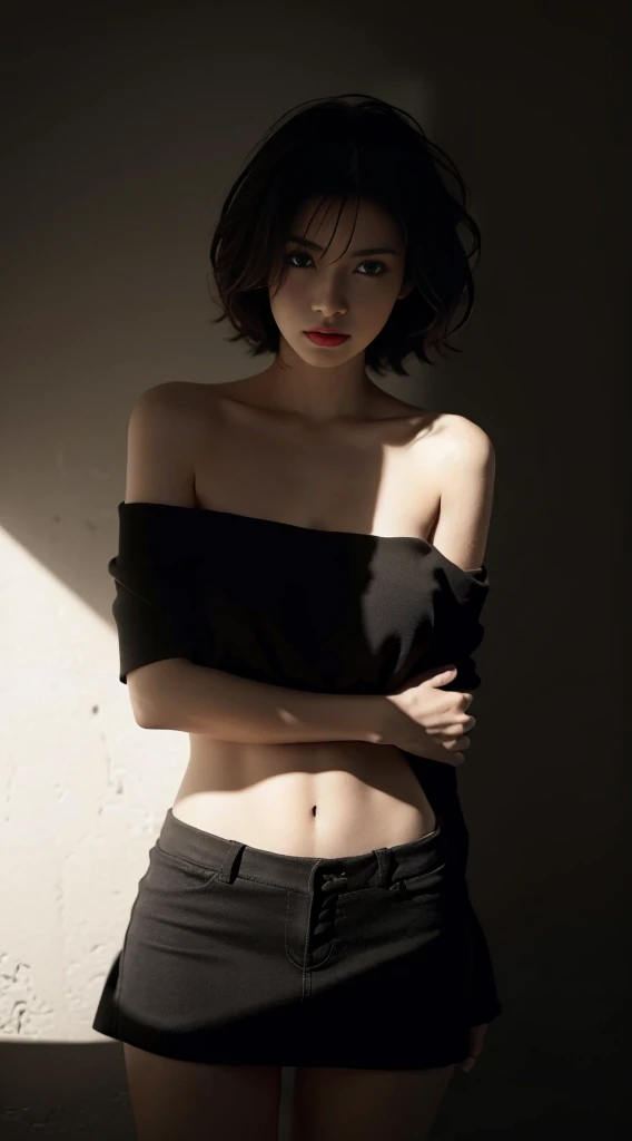 Best quality, masterpiece, ultra high res, (photorealistic:1.5), raw photo, 1girl, offshoulder, in the dark, deep shadow, low key, cold light, sexy look, short hair，miniskirts