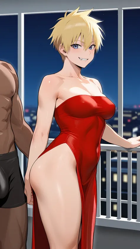 score_9, score_8_up, source_anime, standing, hellsing, seras, blonde hair, nude, indoors, night, night sky, nighttime, vampire, smirk, fangs, ikuchan, balcony, town background, nude male, huge penis, muscular male, medium breasts, boyfriend, couple, lookin...