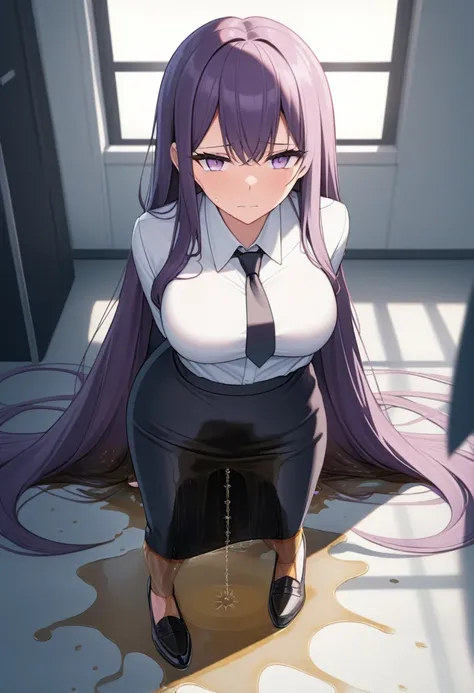 (masterpiece:1.37), best quality, (extremely detailed:1.37), office, window overlooking a bustling cityscape, woman, (mature:1.75), (adult:1.5), (very long hair:1.5), dark purple hair, purple eyes, (extremely detailed eyes:1.37), breasts, sunglasses, busin...