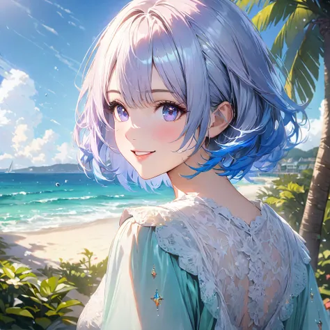 Sparkling sea and tropical ocean, Sunny sky with fluffy white clouds, Palm trees along the coast, Blur the background,Pleasant sea breeze,High school girls,short hair,smile,Glitter effect,highest quality, 4K, 8K, High resolution, masterpiece:1.2, Very deta...