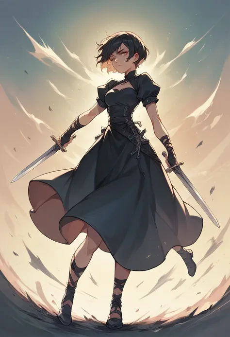 A woman of 1,68 short hair, two swords, wears black dress.