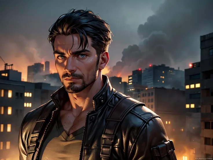 a man, 25 years old, black hair, hazel eyes, 61" height, rugged, muscular, standing on a rooftop, city in ruins behind him, smoke and fire emitting from the buildings, (best quality,4k,8k,highres,masterpiece:1.2),ultra-detailed,(realistic,photorealistic,ph...