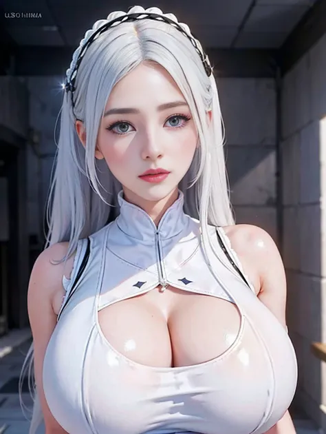 25-year-old young woman: 1.3, Long white hair: 1.2, White CEO Clothing: 1.2, daytime: 1.2, square: 1.2, (Big breasts:1.3),Cinema Lighting, Surrealism, Ultra HD, precise, Super Detail, Textured Skin, High Detail, best quality, 8K,There is a huge,Glowing ski...