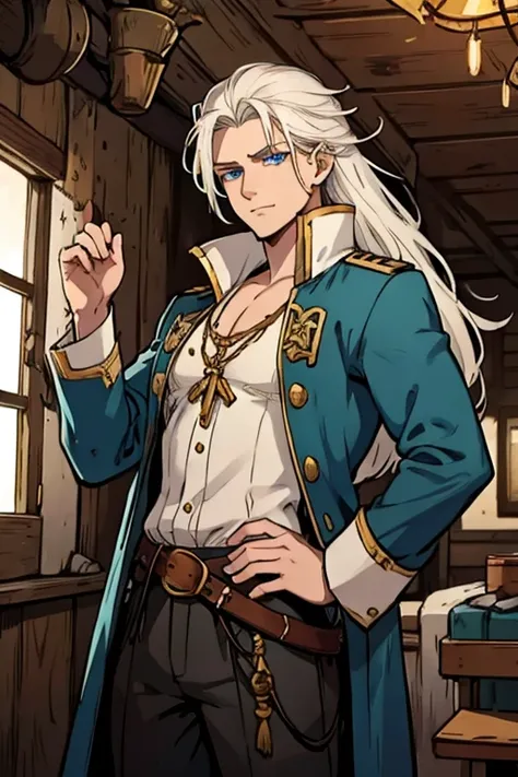 A young white haired man with blue eyes and long hair in a pirates outfit is counting gold in the captains cabin on a pirate ship