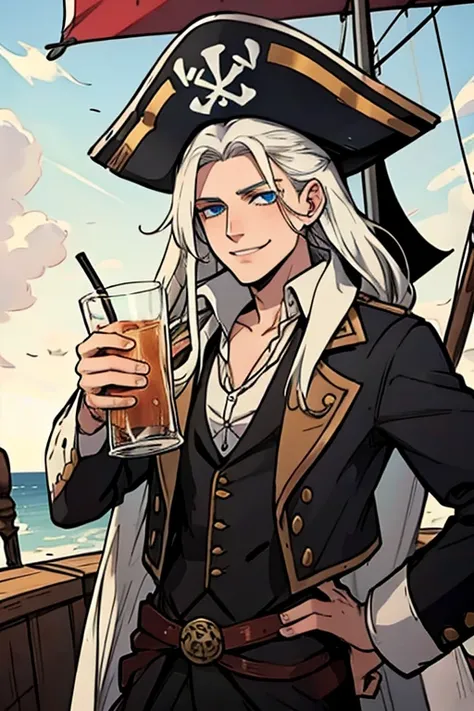 A young white haired man with blue eyes and long hair in a pirates outfit is drinking on a pirate ship with a big smile