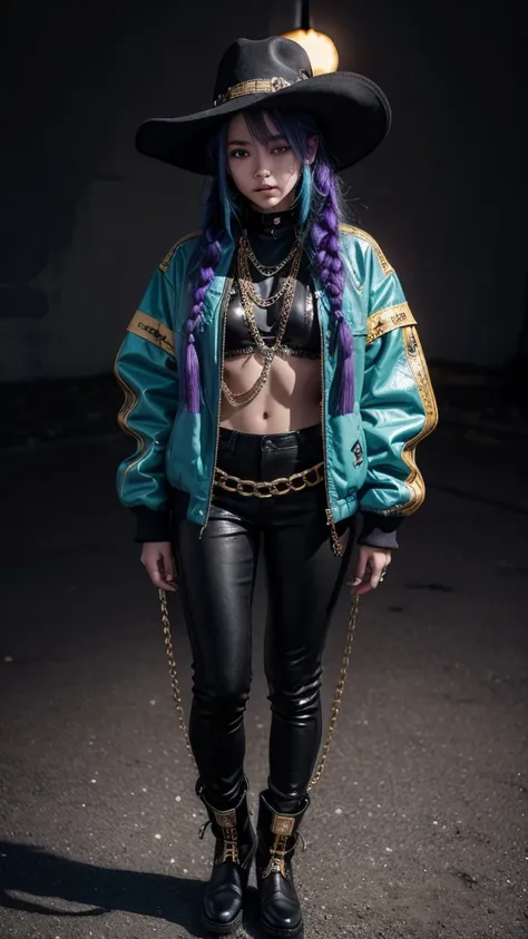 A girl, in black cowboy hat with purple details, with braided blue hair, with a long dark cyan jacket with orange and gold accents, chains and buckles on her outfit underneath the jacket, golden boots and black pants, full bodied, full black background, hi...