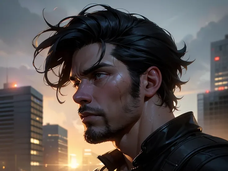 a man, 25 years old, black hair, hazel eyes, 61" height, rugged, muscular, standing on a rooftop, city in ruins behind him, smoke and fire emitting from the buildings, (best quality,4k,8k,highres,masterpiece:1.2),ultra-detailed,(realistic,photorealistic,ph...