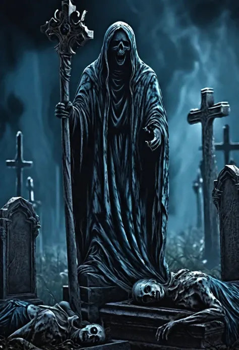 Aesthetic grave image, tense horror atmosphere, blue and black dominant background, best image quality, realistic and detailed