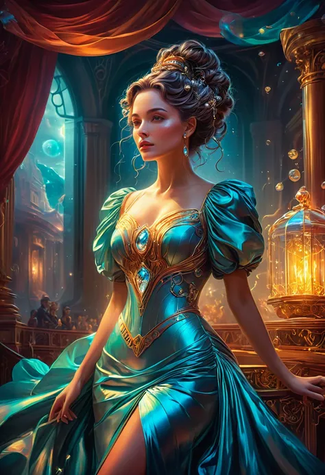 Evening Dress, theater, by Peter Mohrbacher and Brandon Woelfel, best quality, masterpiece, very aesthetic, perfect composition, intricate details, ultra-detailed