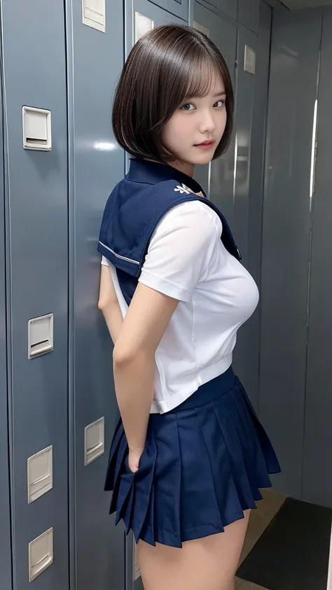 Precautions for surfing the web,(((perfect anatomy, Anatomically correct, very detailedな肌))), 1 woman, Japan, high school girl, Shiny skin, Observe the audience, ((back view, from below)), Beautiful hair, Beautiful face, beautiful details, (short hair:1.1,...