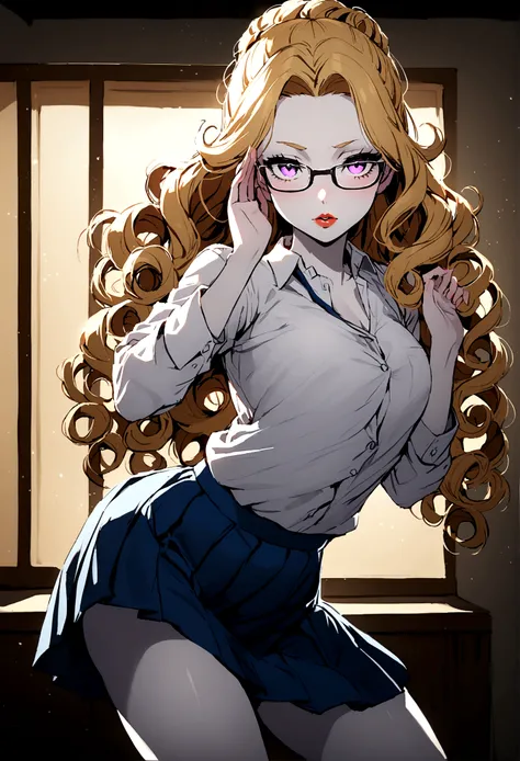 A young girl with curly blonde hair, violet eyes, pale skin, reddish lips, wearing a school uniform: white button-down shirt, with a short royal blue skirt, with an erotic pose and glasses on 