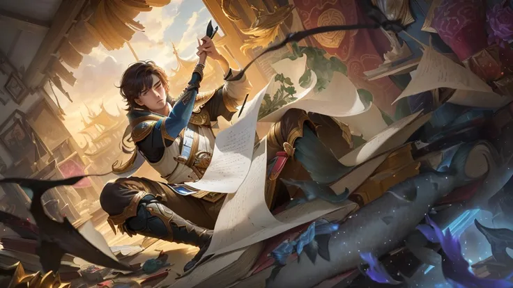 A young man holding a pen and writing sitting in a pile of messy scrolls, wearing Han clothes, in a fish palace, behind him is a window that can see the sky, league of legends, royal glory, anime, 4k, full hd, face details,