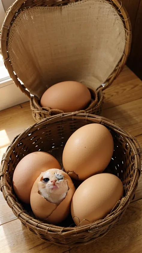 Kittens hatching from chicken eggs