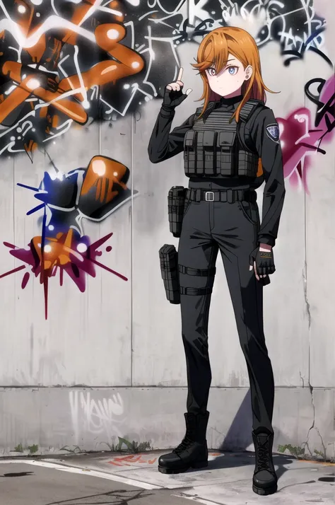 A girl,wearing a SWAT Uniform, wearing a  bulletproof vest and black shirt, black pants, a (Graffiti:1.4)plain background,shoes boots , hair orange,eyes purple,fingerless leather gloves,