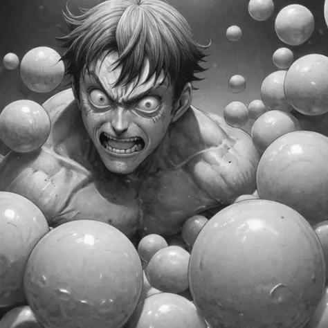 strong man attacking several balls, (anime), bizarre scenario, Junji Ito, Yusuke Murata, black and white, 8k, anime, horror