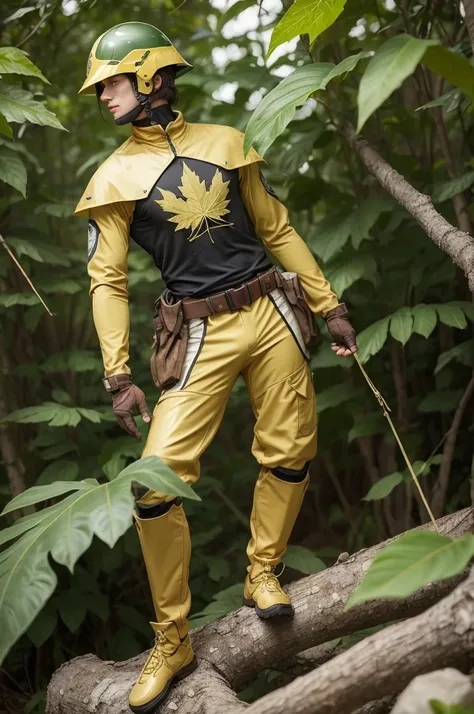 Make a Leaf Man uniform made from a lightweight, durable material, similar to dry leaves, providing flexibility and camouflage in natural environments. com tons de verde, marrom e dourado, symbolizes the connection with flora. The helmet has a golden visor...