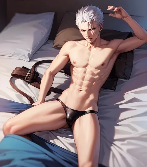 Vergil from Devil may cry Wearing in bikini Turns red   horny Lying in bed handcuffed