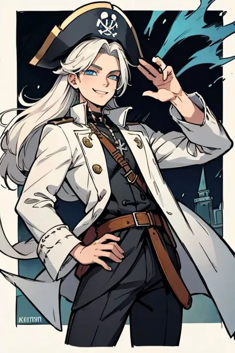 A young white haired man with blue eyes and long hair in a pirates outfit is exploring a pirate city with a big smile at night