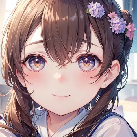 ((Best Quality、8K、masterpiece))、((One girl))、((cute))、A big smile、Blushing、Mouth open、Brown Hair、ponytail、Ultra detailed face、Ultra-detailed eyes、Ultra detailed hair、Sailor suit、hydrangea