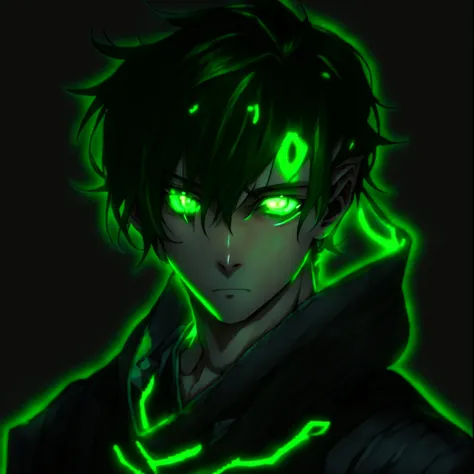 anime boy with green eyes and black hair in a dark room, with green glowing eyes, with glowing green eyes, his eyes are green and glowing, his eyes glowing green, glowing green eyes, with glowing eyes, green eyes glowing, green glowing eyes, handsome guy i...