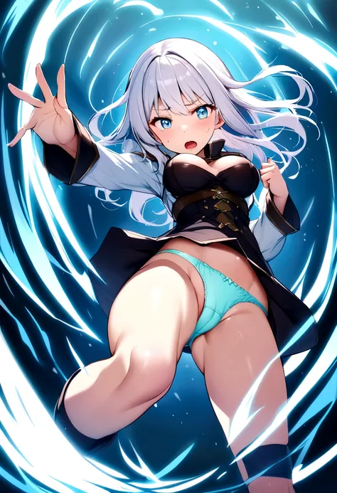 daughter, Breasts Out, witheout panties, Cunning expression, White hair, blue colored eyes 