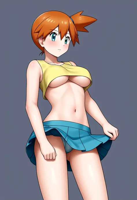 (masterpiece, best quality:1.2), (1girl, solo), (High quality:1.4), (High detailed:1.2), Sakimi-chan, Misty (/pokemon)/, a girl with sister 18 years old, (mini-skirt lifting, cropped open underboob)),