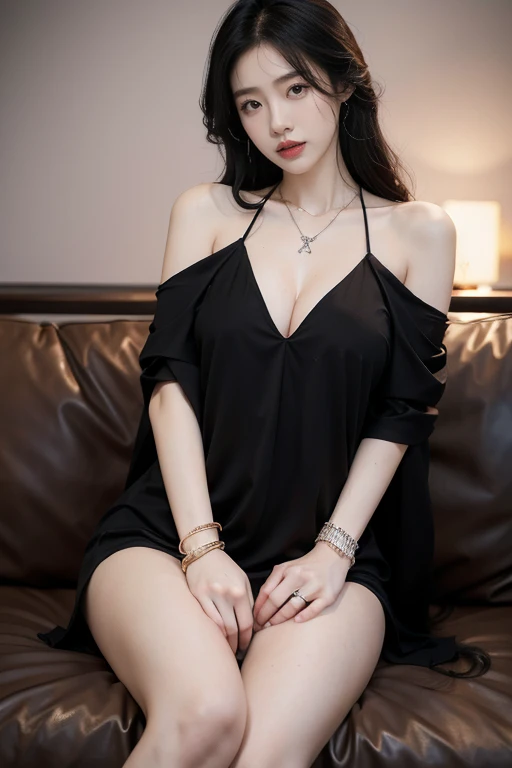 Beautiful Korean girl, hot body, necklace, bracelet, long black curly hair, hourglass body, big breasts, slim waist, nude, lustful facial expression, expressive tongue sticking out, dripping pussy  , left hand touching her pussy, she was soaking wet, sitti...