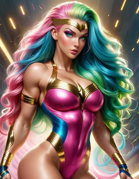 GORGEOUS superhero WOMAN , TALL WOMAN BODY, TALL WOMAN, STRONG CURVY ATHLETIC BODY, MUSCLES, BLUE PINK COSTUME, THONG BODYSUIT, GOLD DETAILS, EXPOSED GORGEOUS THIGHS, SWEATY GLUTES, STRONG GLUTES, GOLD TENIS, GOLD GAUNTLETS, HUGE LONG BLUE GREEN PINK HAIR,...