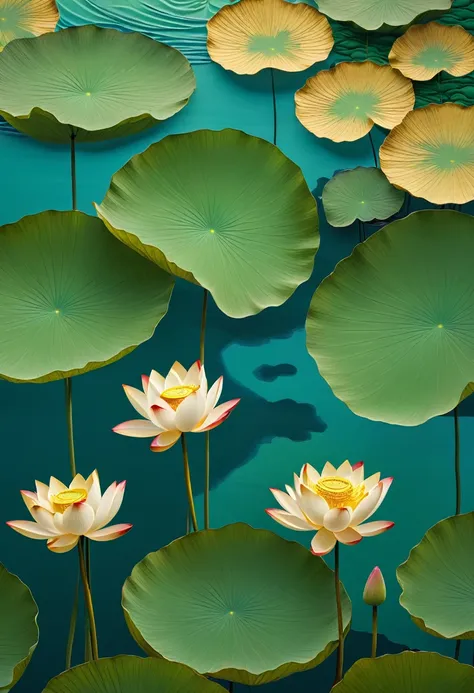 lotus，Lotus Leaf，pond，Distributed in the lower half of the screen，布局上将画面中间部分留出更多blank的空间，Summer Solstice Theme，Chinese embroidery craft，Gold plating，Flowing gold，Minimum Color Gamut，Hand Painted，blank，Organic form，Simple background，Magnificent and noble，