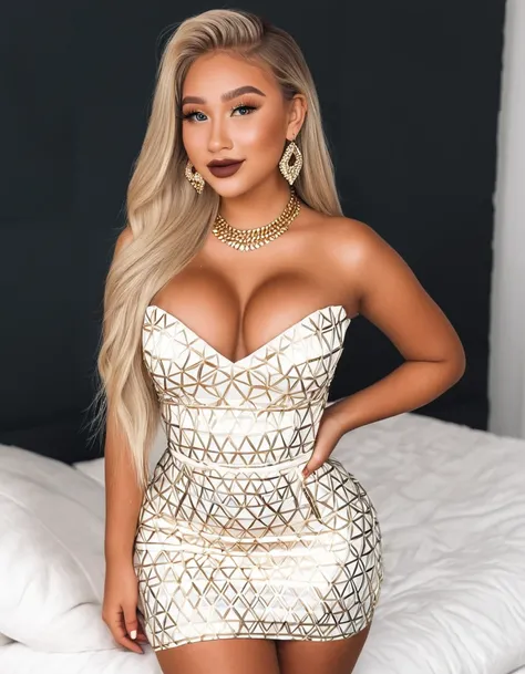 (best quality,4k,highres, highres face details), blonde long curvy hair, 18 years old, instagram model, 36DD fake breast, fake lashes, fake lips, dark makeup, perfect skin, dark tan skin, she is skinny, she is caucasian,she is wearing a very short sexy dre...