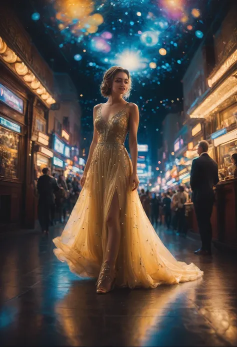 Evening Dress, theater, by Greg Manchess and Brandon Woelfel, 35mm photograph, bokeh, best quality, masterpiece, very aesthetic, perfect composition, intricate details, ultra-detailed