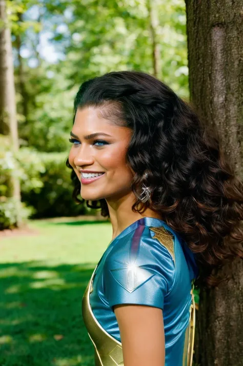 zendaya | Female | 26 years old | Wearing the Wonder Woman costume, consisting of red and blue armor with gold details, short sleeves and a skirt. Accessories: silver tiara with stars, Triforce pendant and silver bracelets. The colors and style are faithfu...